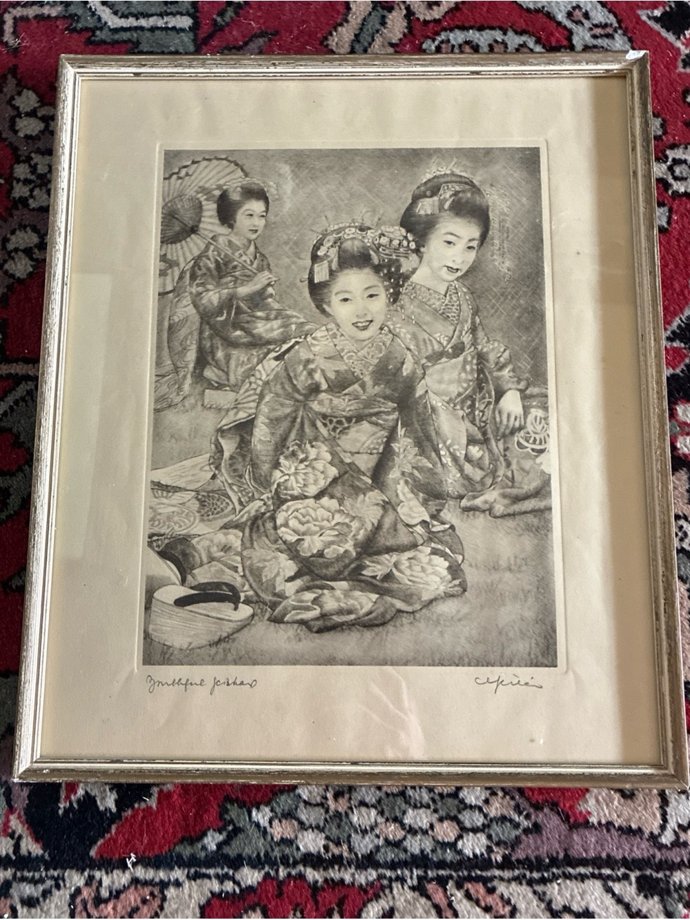 Willy Seiler Etching Graceful Geishas signed and framed
